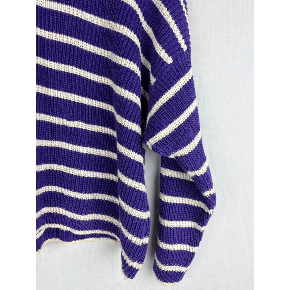 Chaus Sport L Purple White Striped Oversized Chunky Knit Crewneck Sweater - Picture 7 of 14